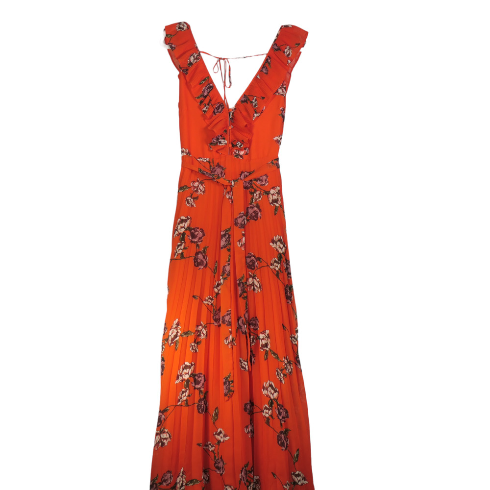 Lulus Maxi Dress Women Size XS Orange Floral Pleated Boho Slinky Formal Dressy